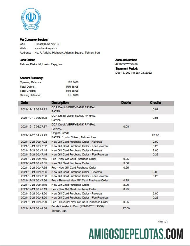 Modelo de declaração Sepah do Banco do Irã